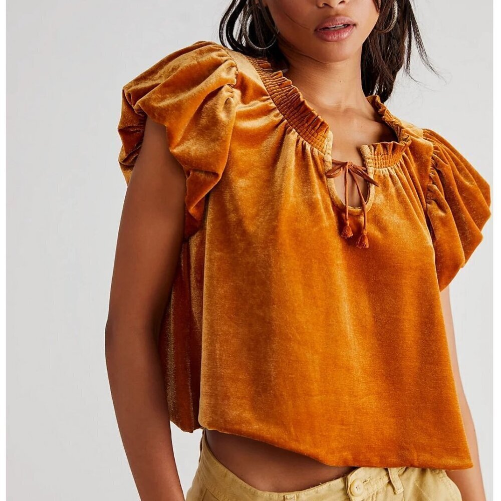 Free People Terese Velvet Top Pumpkin Pie Puff Short Sleeve Women's Medium